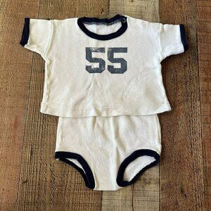 Vintage Baby Two-Piece Set White Navy Trim 55 Print Top & Bloomers